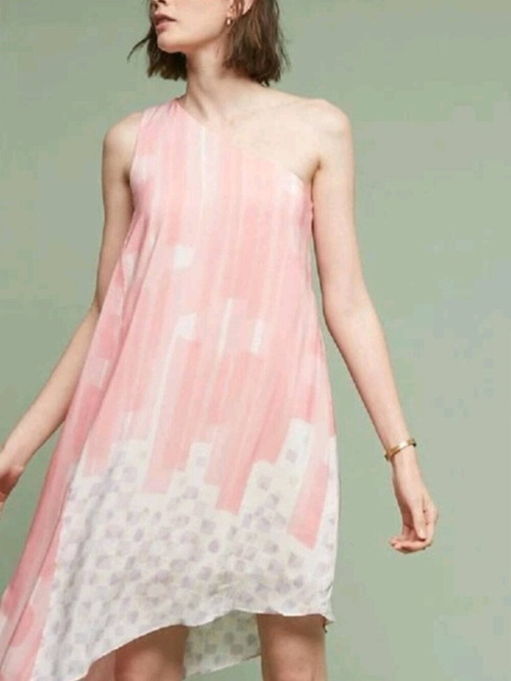 Maeve Asymmetrical One-shoulder Silk Dress Pink Pastel Watercolor size 8